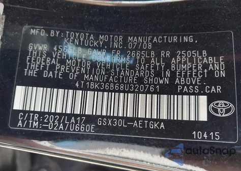 2008 Toyota Avalon Xls from USA, damaged, VIN 4T1BK36B68U320761